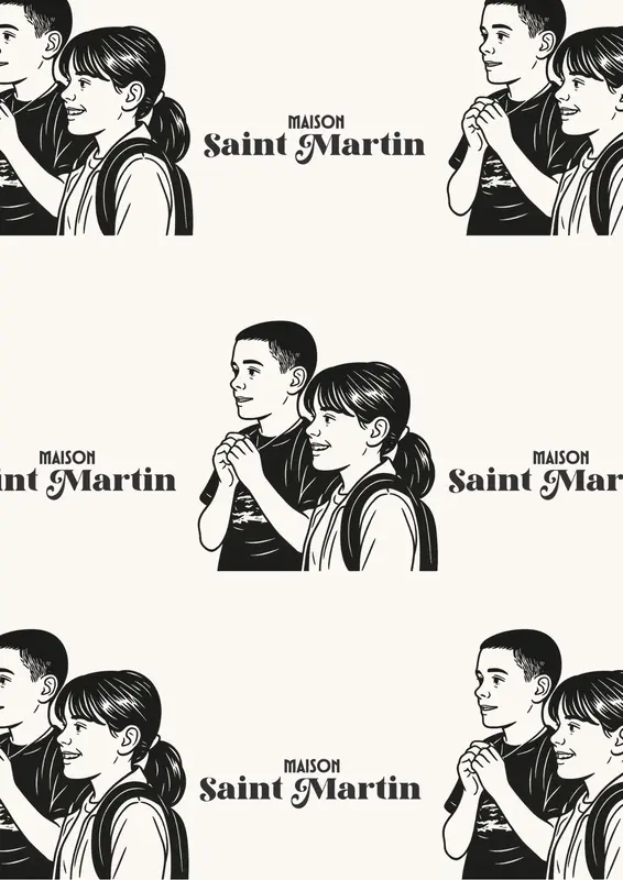 Maison Saint Martin restaurant logo with black-and-white illustration of two children sharing a warm moment