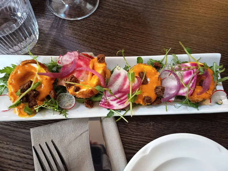 Elegant plated appetizer with crispy bites, orange aioli, pickled red onions, microgreens, and radish on white rectangular dish