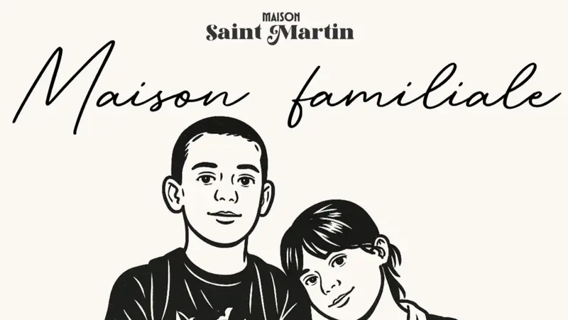 Maison Saint Martin "Maison Familiale" illustrated poster featuring two children in black and white art style